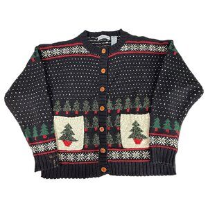 VTG Northern Isles Christmas Tree Cardigan Sweater Size Large Black Nordic Style